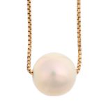 A Japanese 18ct gold cultured pearl bead necklace, maker SN, on 18ct fine box link chain, pearl 7.