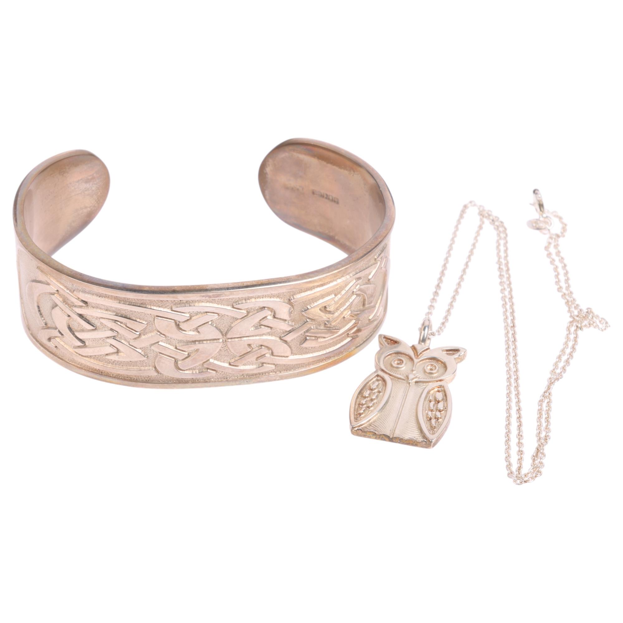 SKYE SILVER - a Scottish silver cuff bangle and owl pendant necklace, bangle 17cm, pendant 29.3mm,