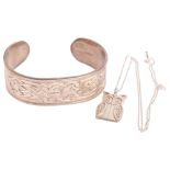 SKYE SILVER - a Scottish silver cuff bangle and owl pendant necklace, bangle 17cm, pendant 29.3mm,