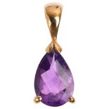 A modern single stone amethyst pendant, set with pear rose-cut amethyst, unmarked gold settings,