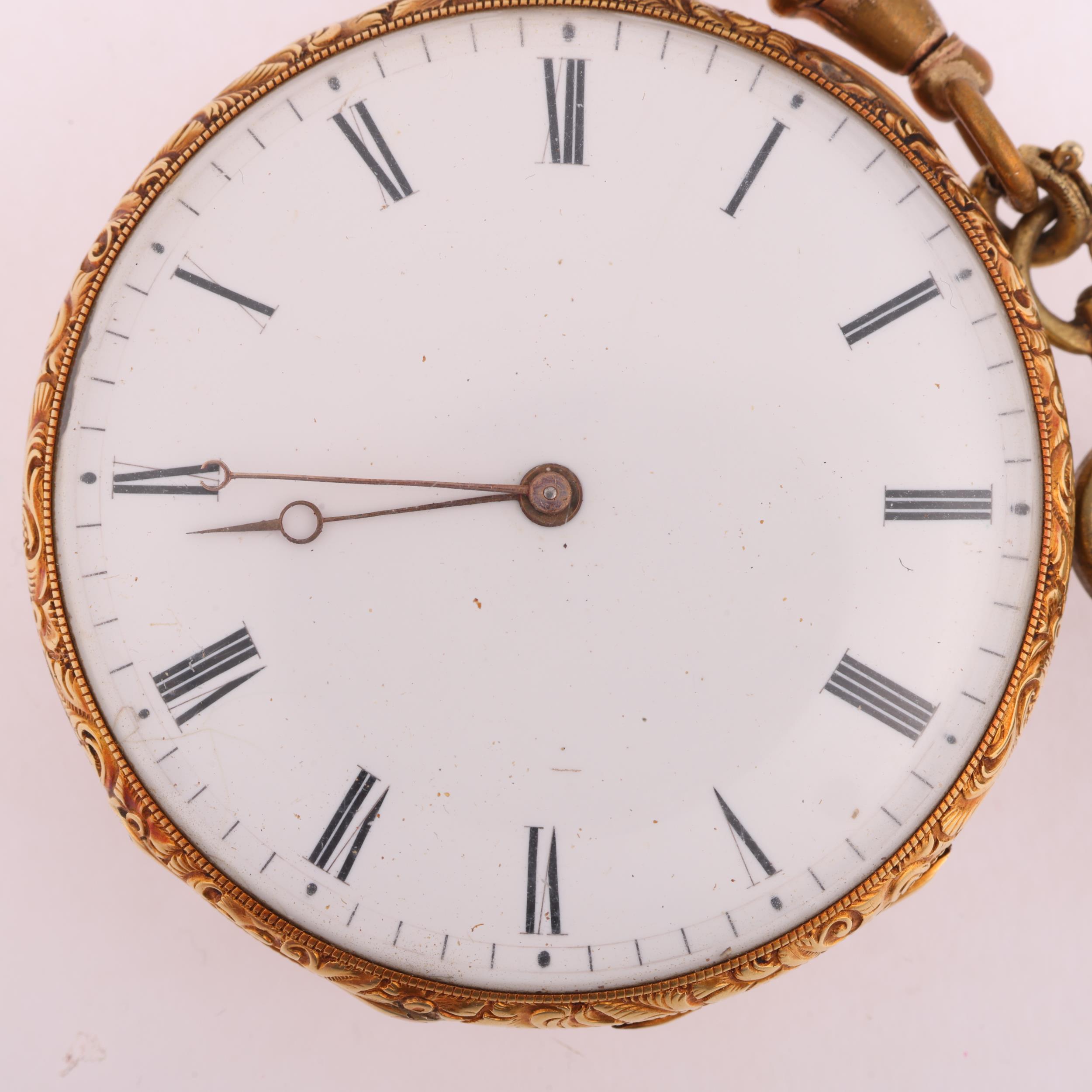 A 19th century open-face key-wind pocket watch, white enamel dial with Roman numeral hour markers, - Image 2 of 5