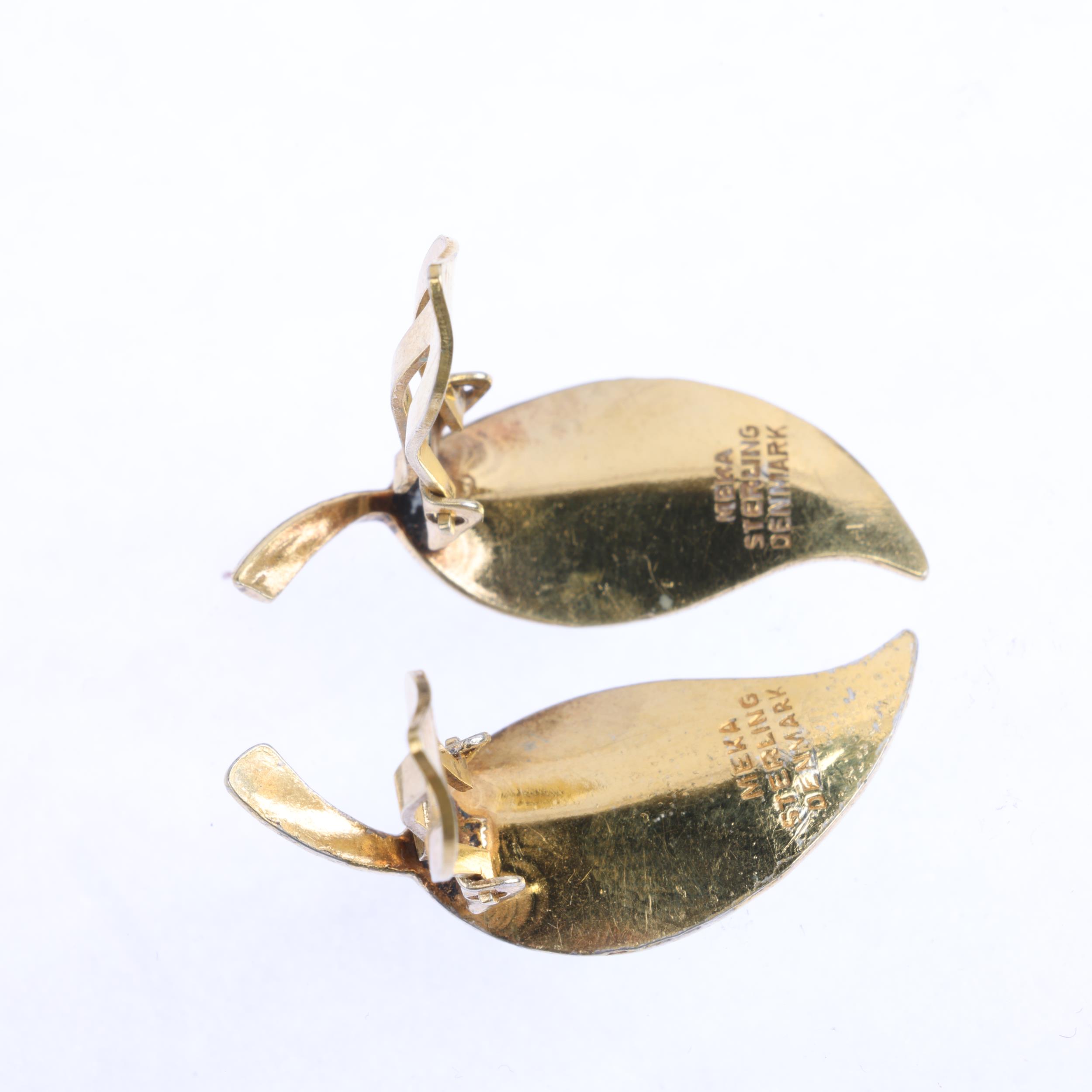 MEKA - a pair of Danish modernist sterling silver-gilt blue enamel leaf clip-on earrings, 32mm, 6.4g - Image 3 of 3