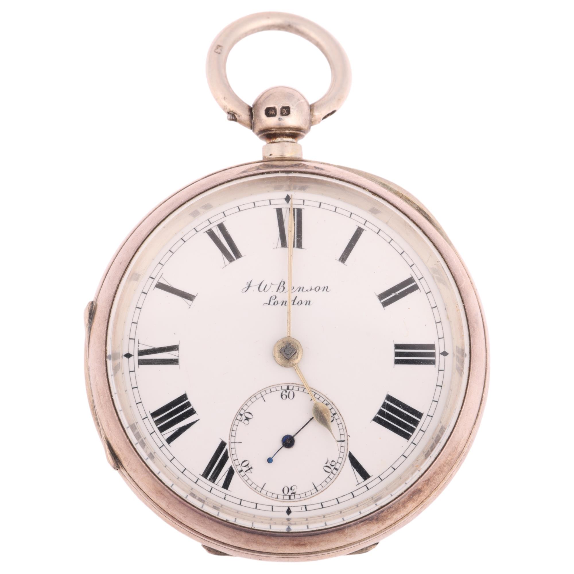 J W BENSON - a late 19th century silver open-face key-wind pocket watch, white enamel dial with