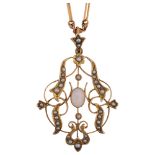 An Edwardian 9ct gold opal and pearl openwork pendant necklace, maker C&W, circa 1905, on 9ct rose