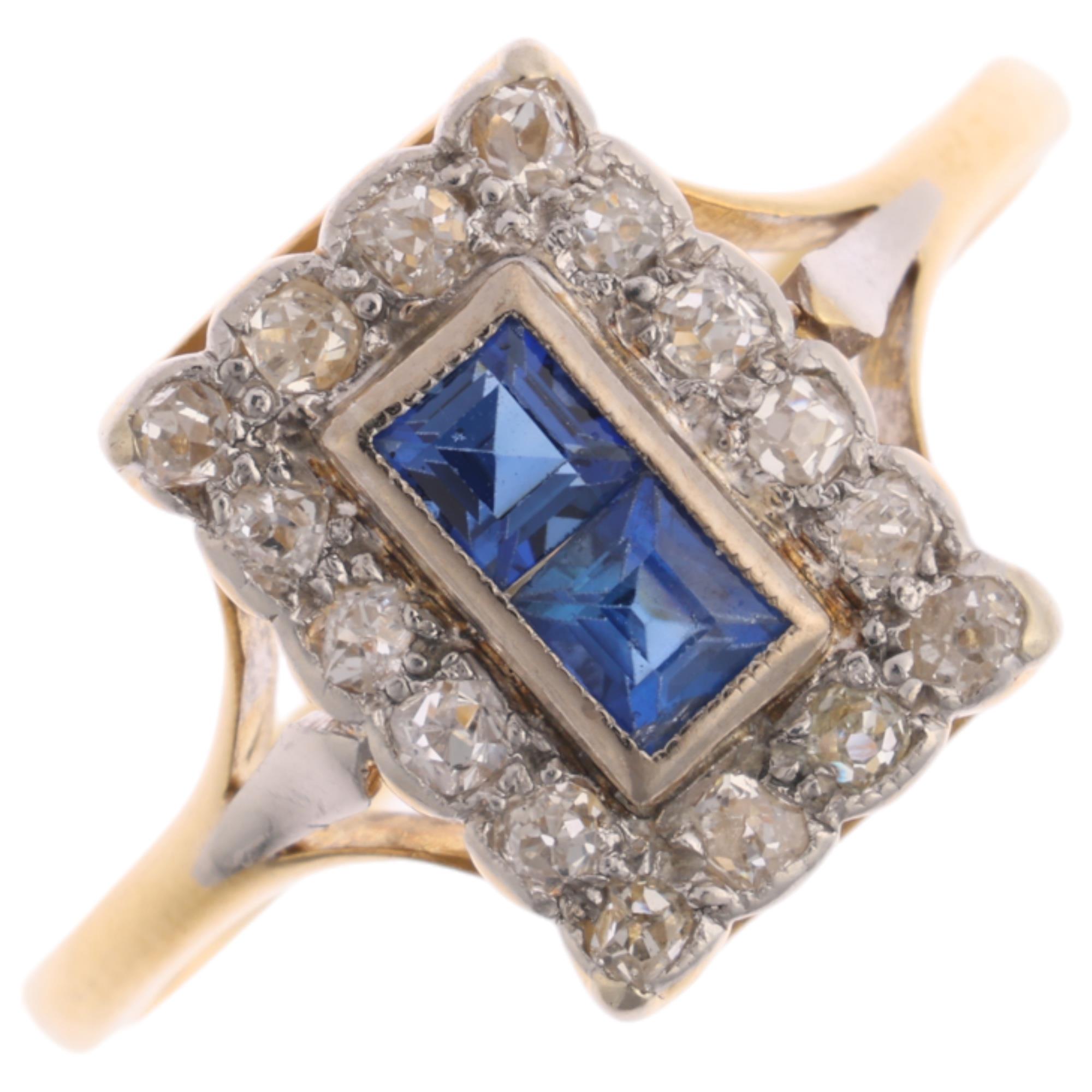 An 18ct gold sapphire and diamond cluster plaque ring, Birmingham 1989, in the Art Deco style,