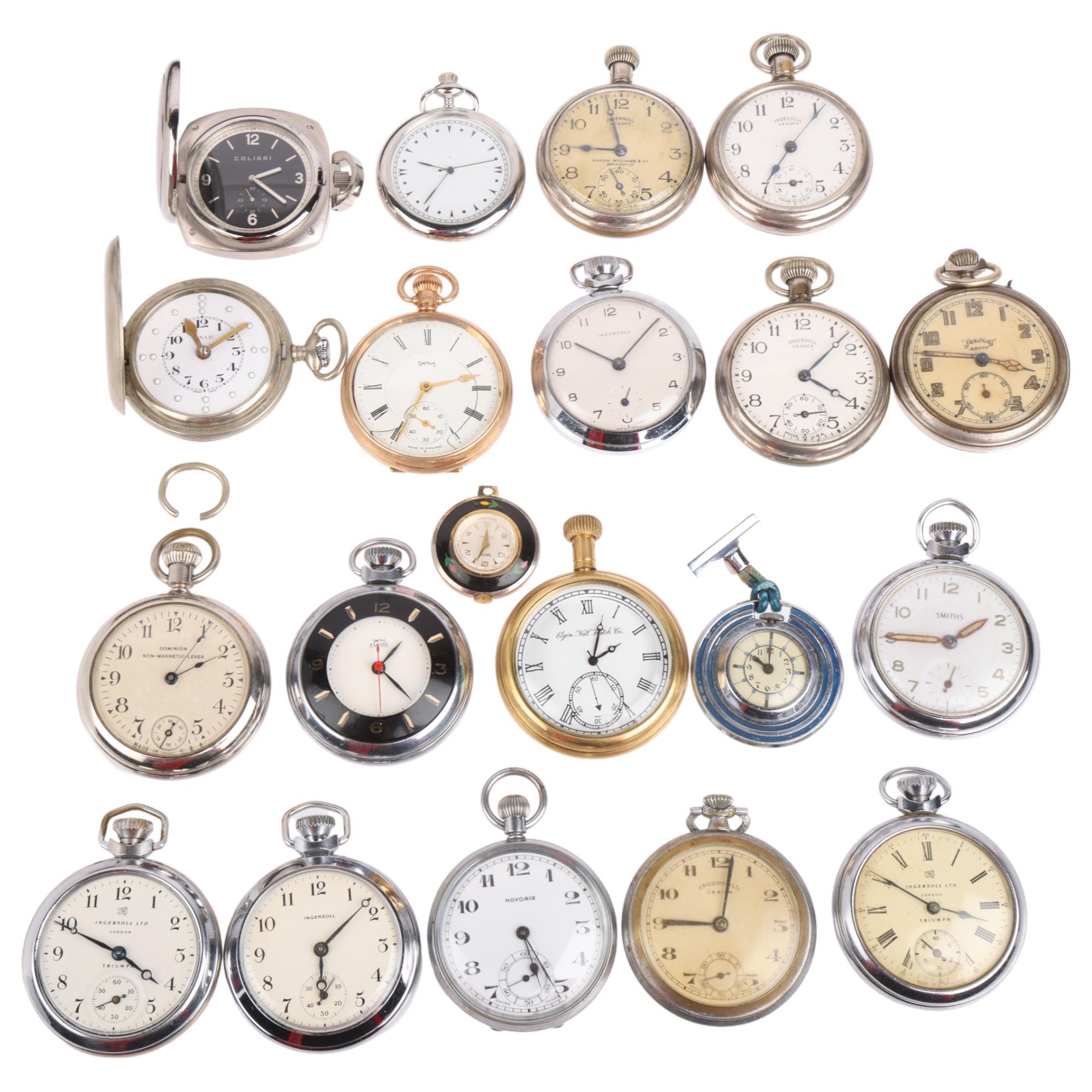 A quantity of pocket watches, makers include Ingersoll, Services, Smiths Empire, etc Condition