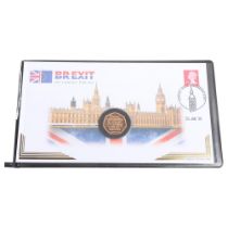 An Elizabeth II 2020 Brexit gold proof 50p coin cover, by Harrington & Byrne, with First Class