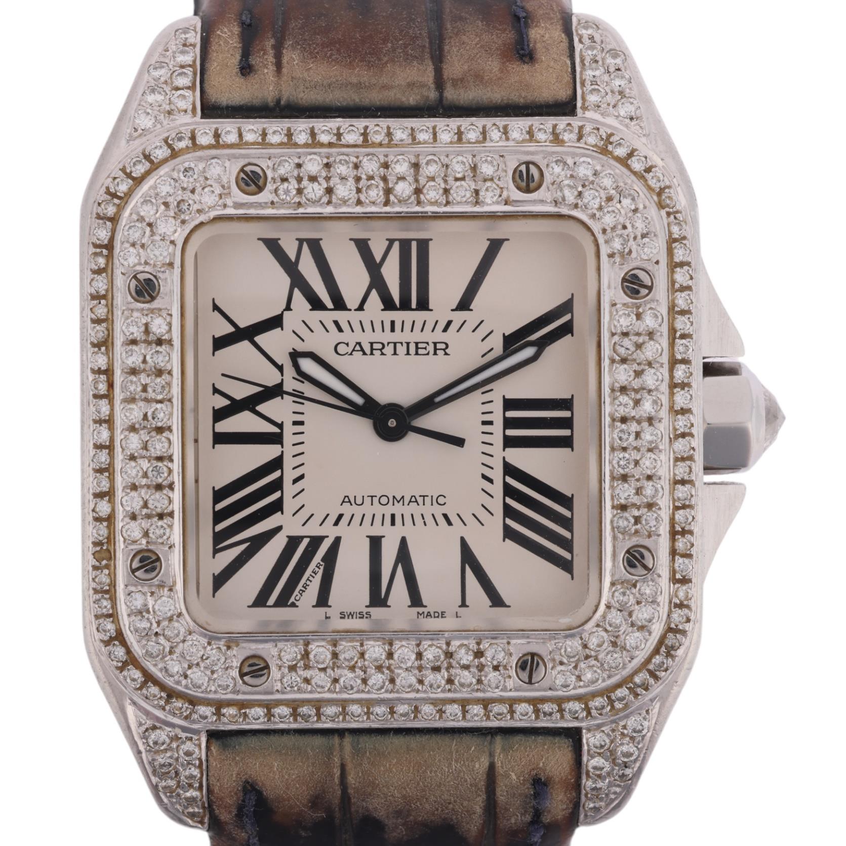 CARTIER - a stainless steel and diamond Santos 100 automatic wristwatch, ref. 2878, silvered dial