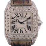 CARTIER - a stainless steel and diamond Santos 100 automatic wristwatch, ref. 2878, silvered dial