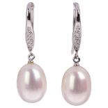A pair of 9ct white gold whole pearl and diamond drop earrings, with shepherd hook fittings, 31mm,