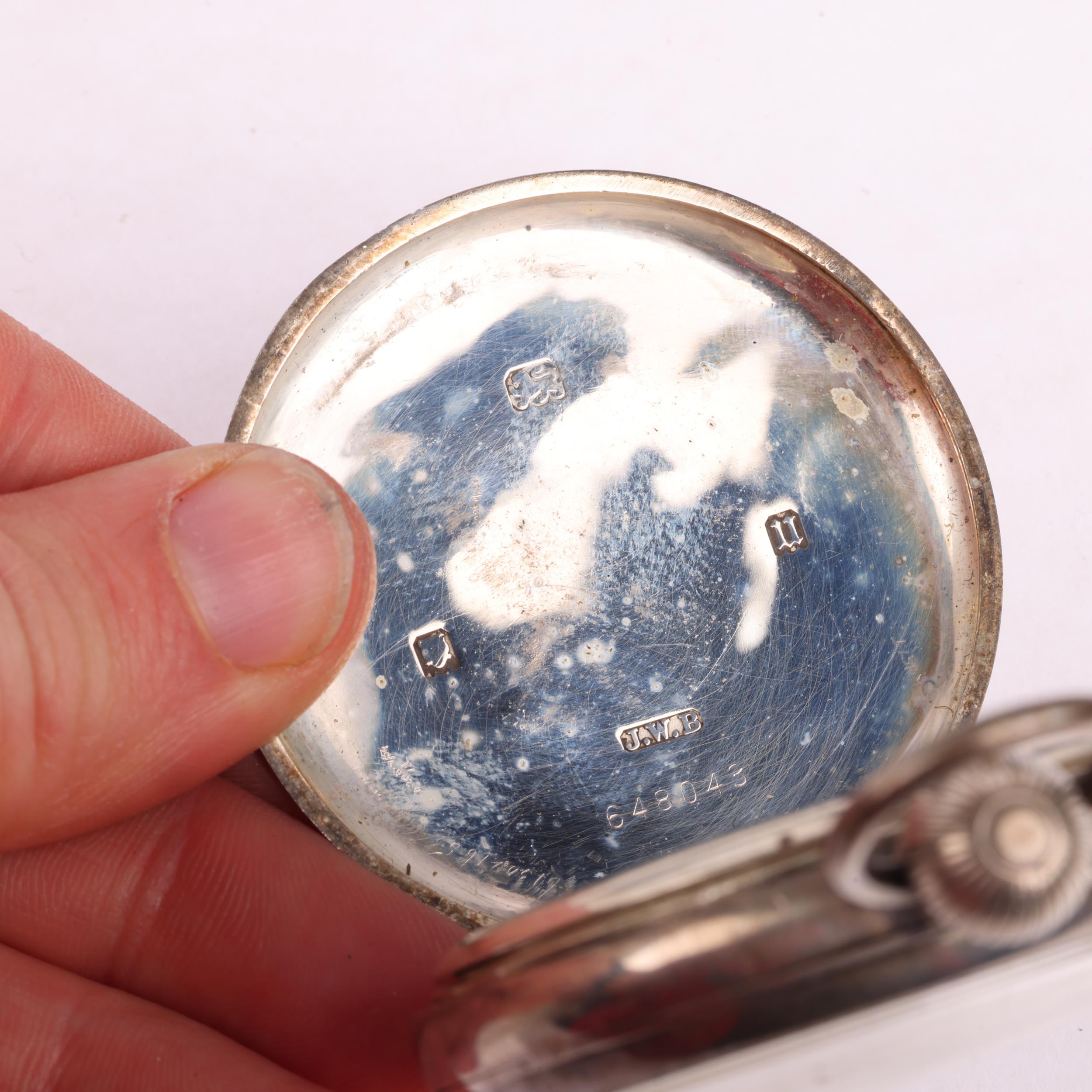 J W BENSON - an early 20th century silver open-face keyless pocket watch, white enamel dial with - Image 4 of 5