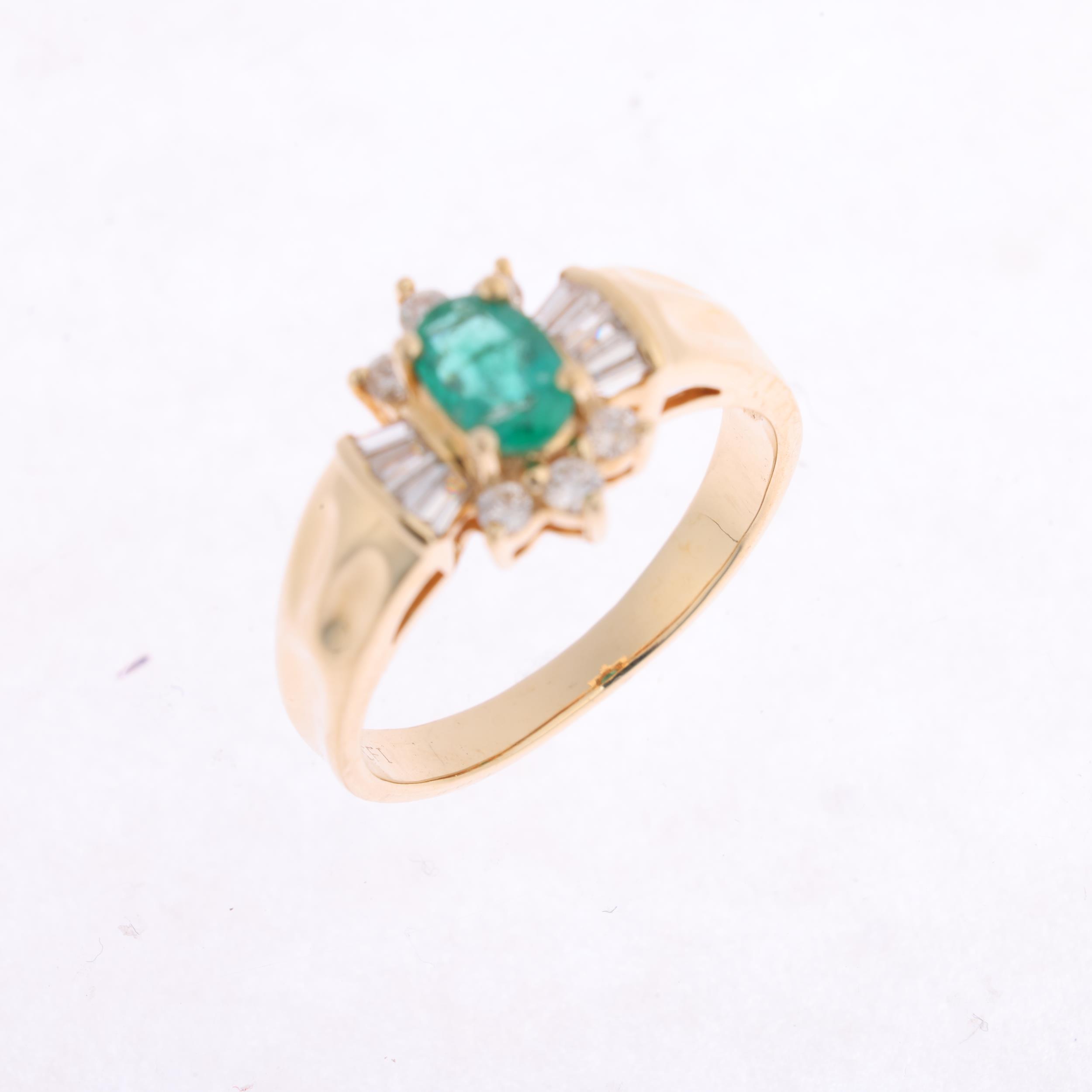 A 14ct gold emerald and diamond ballerina cluster ring, maker CEI, claw set with oval mixed-cut - Image 3 of 4