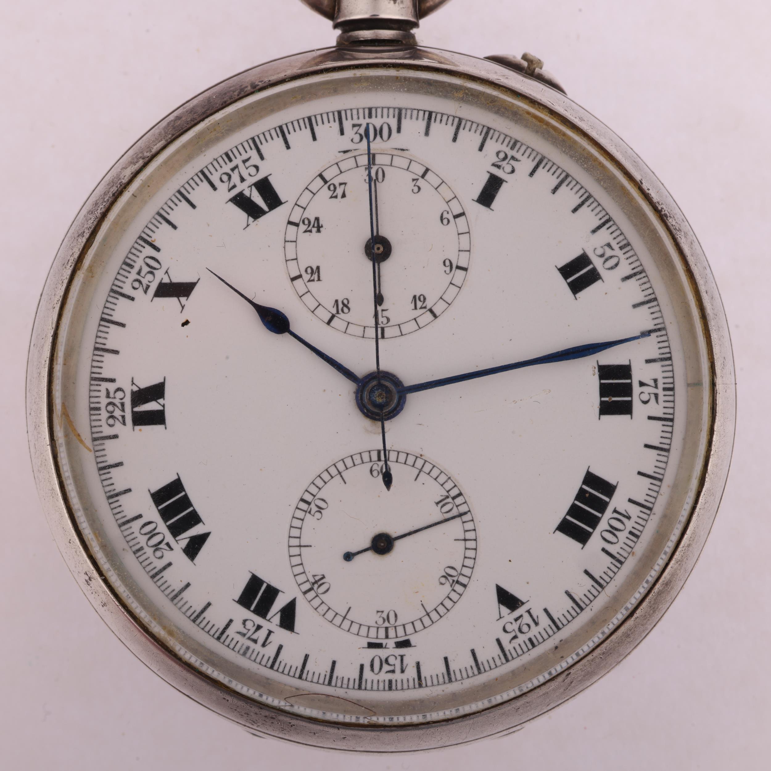 An early 20th century silver-cased open-face keyless chronograph pocket watch, white enamel dial - Image 2 of 5