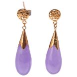 A pair of Chinese 14ct gold lavender jade drop earrings, with stud fittings, 31.3mm, 4.4g