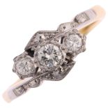 An 18ct gold three stone diamond crossover ring, set with modern round brilliant-cut diamonds, total