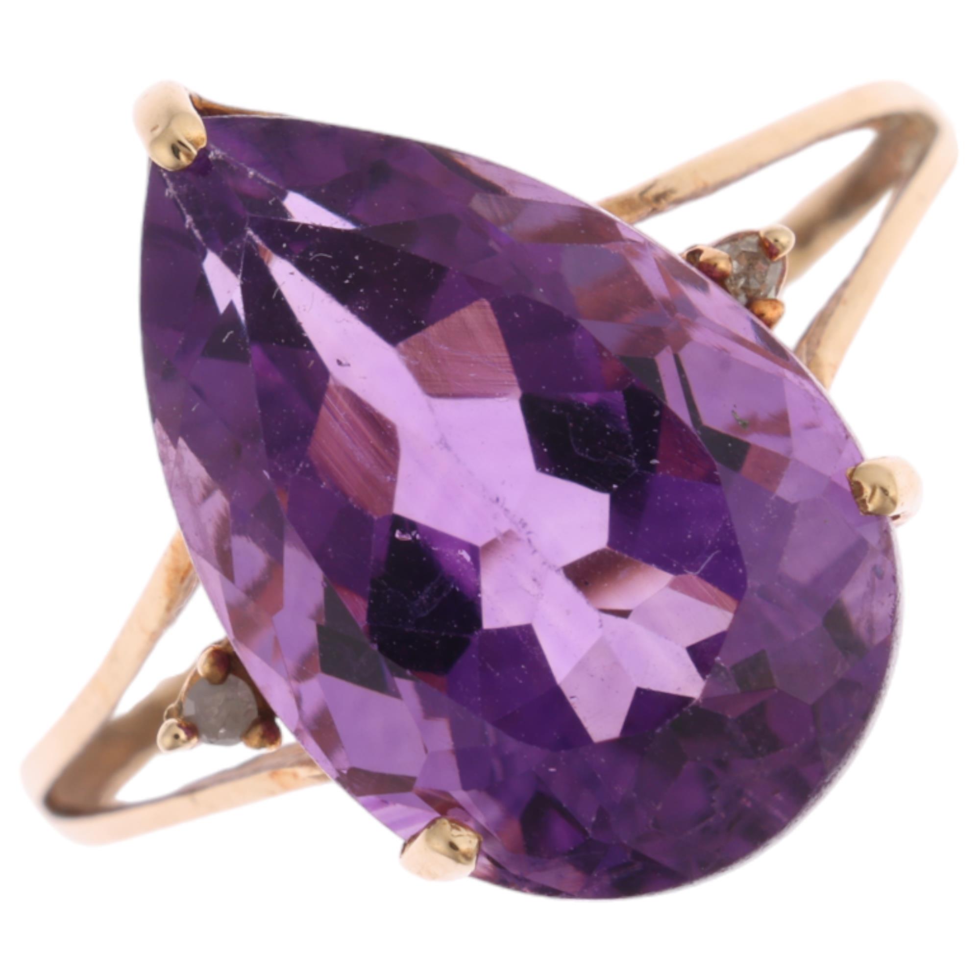 A 9ct gold amethyst and diamond dress ring, set with pear-cut amethyst and single-cut diamonds,