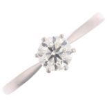 A platinum 0.7ct solitaire diamond ring, 6-claw set with modern round brilliant-cut diamond,