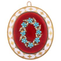 A fine Victorian turquoise pearl and enamel mourning pendant/brooch, circa 1860, the central red