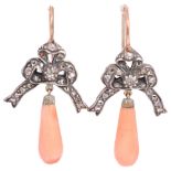 A pair of Victorian coral and diamond ribbon bow drop earrings, set with old and rose-cut