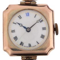 A lady's Art Deco 9ct rose gold cushion mechanical wristwatch, circa 1920s, white enamel dial with