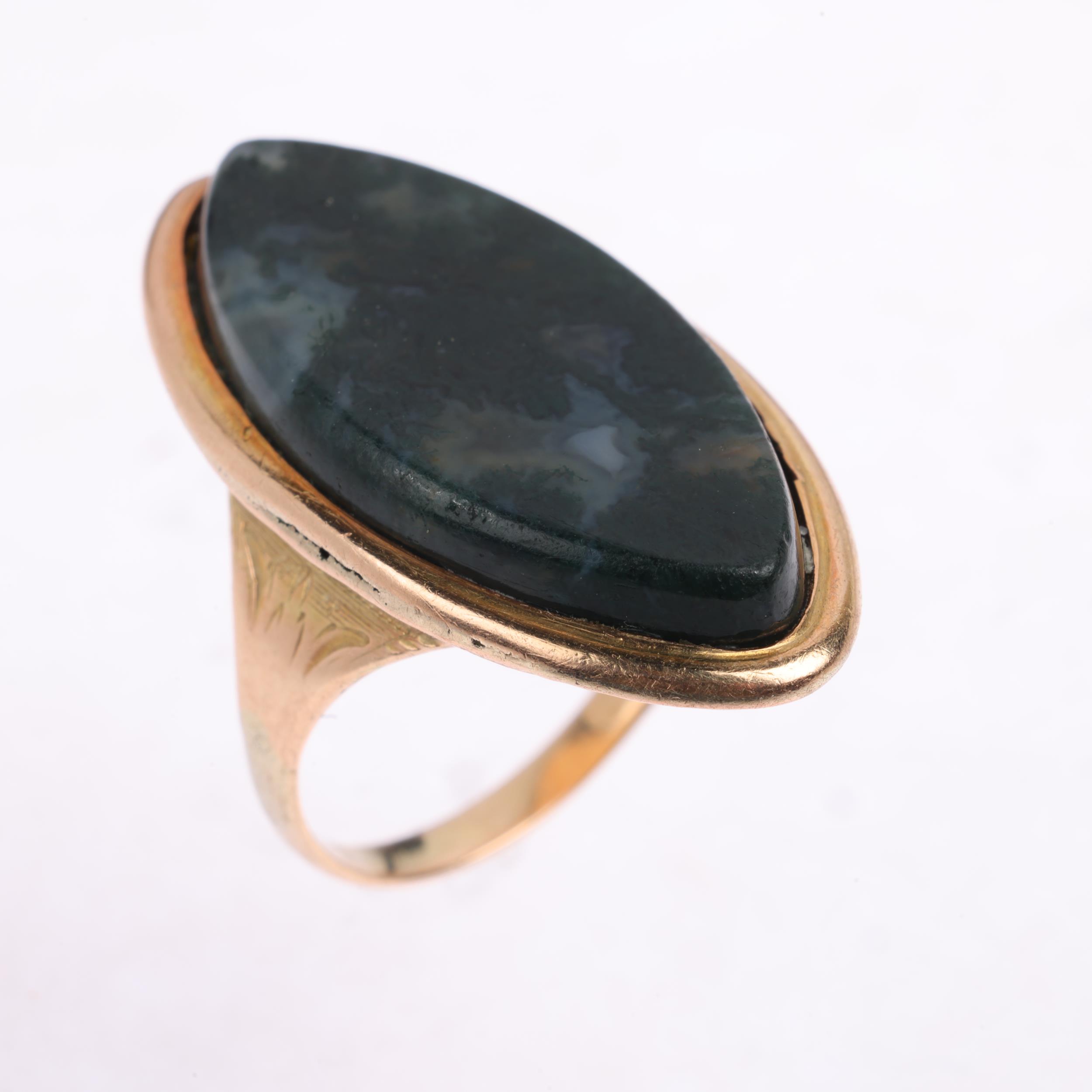 A Georgian moss agate marquise mourning ring, circa 1780, rub-over set with flat-top marquise-cut - Image 2 of 4