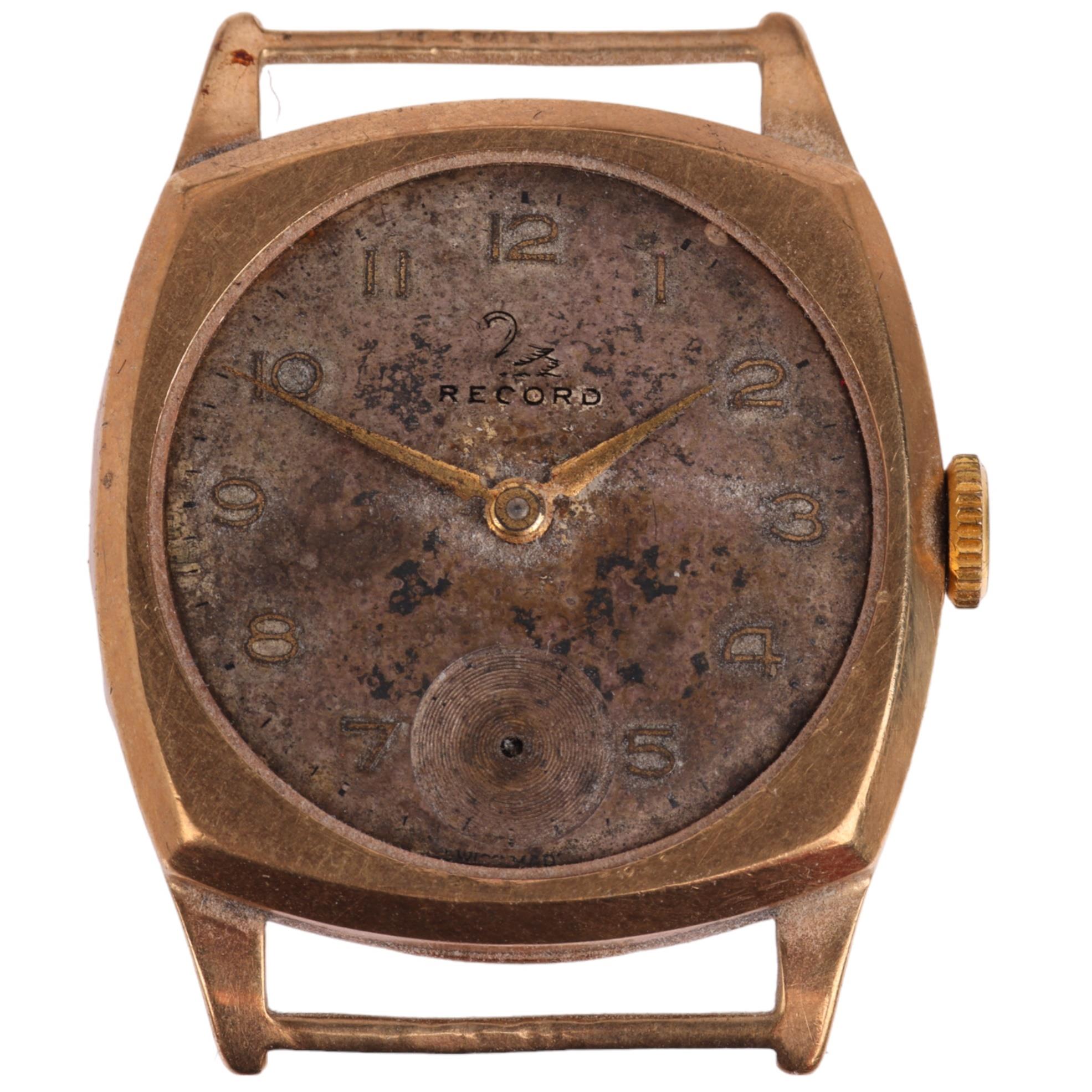 RECORD - a 9ct gold mechanical wristwatch head, circa 1960s, silvered dial with gilt Arabic