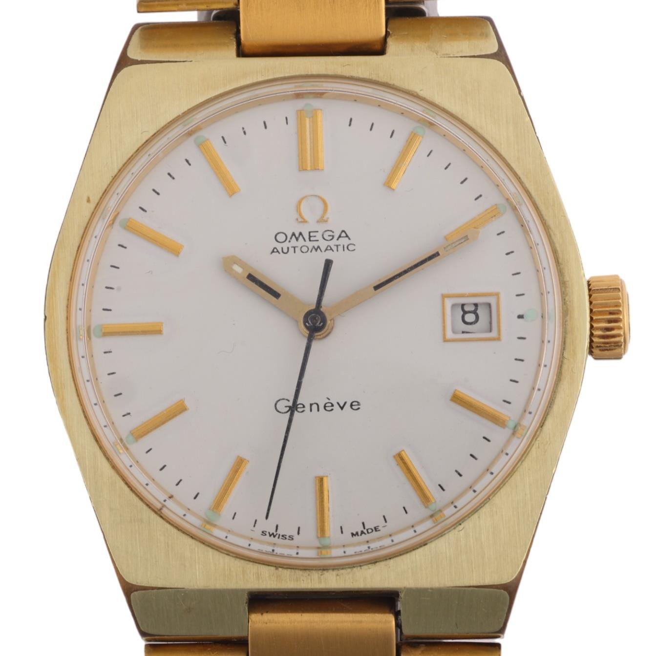 OMEGA - a Vintage gold plated stainless steel Geneve automatic calendar bracelet watch, ref. 166.