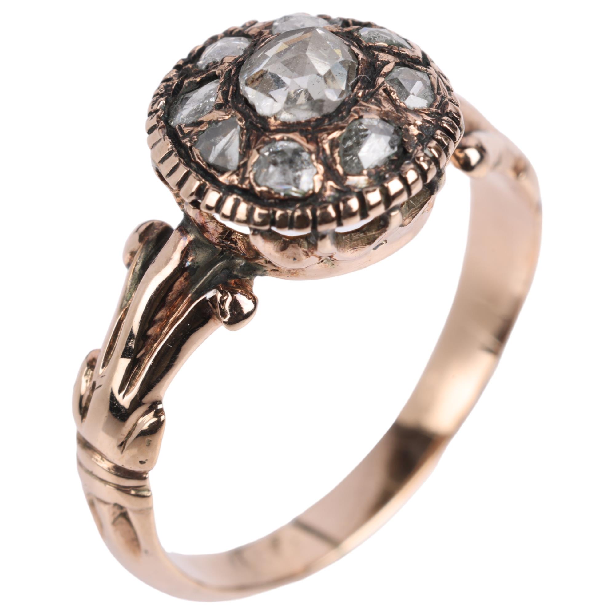 A Georgian diamond flowerhead cluster ring, set with rose-cut diamonds in apparently unmarked rose - Image 2 of 4