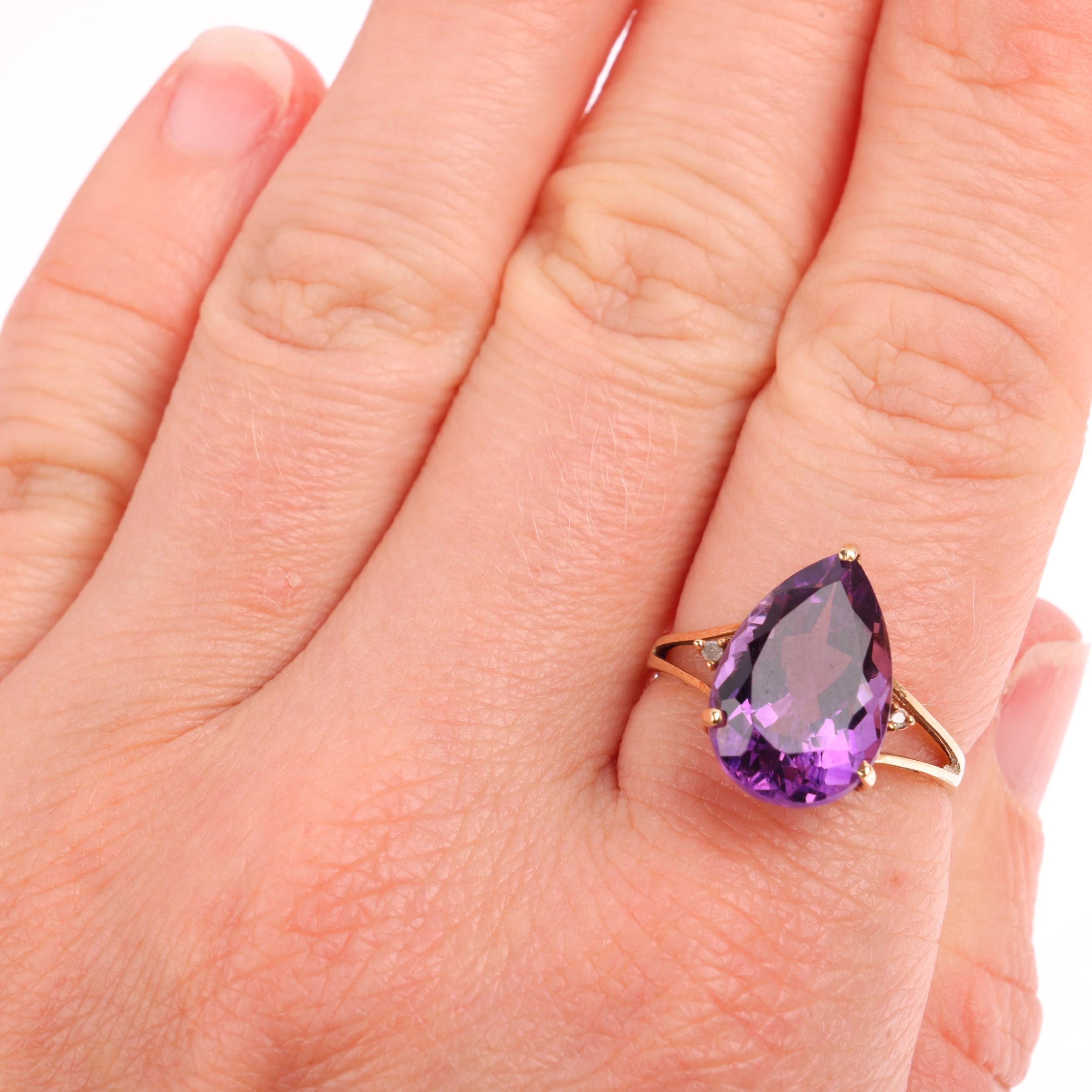 A 9ct gold amethyst and diamond dress ring, set with pear-cut amethyst and single-cut diamonds, - Image 4 of 4