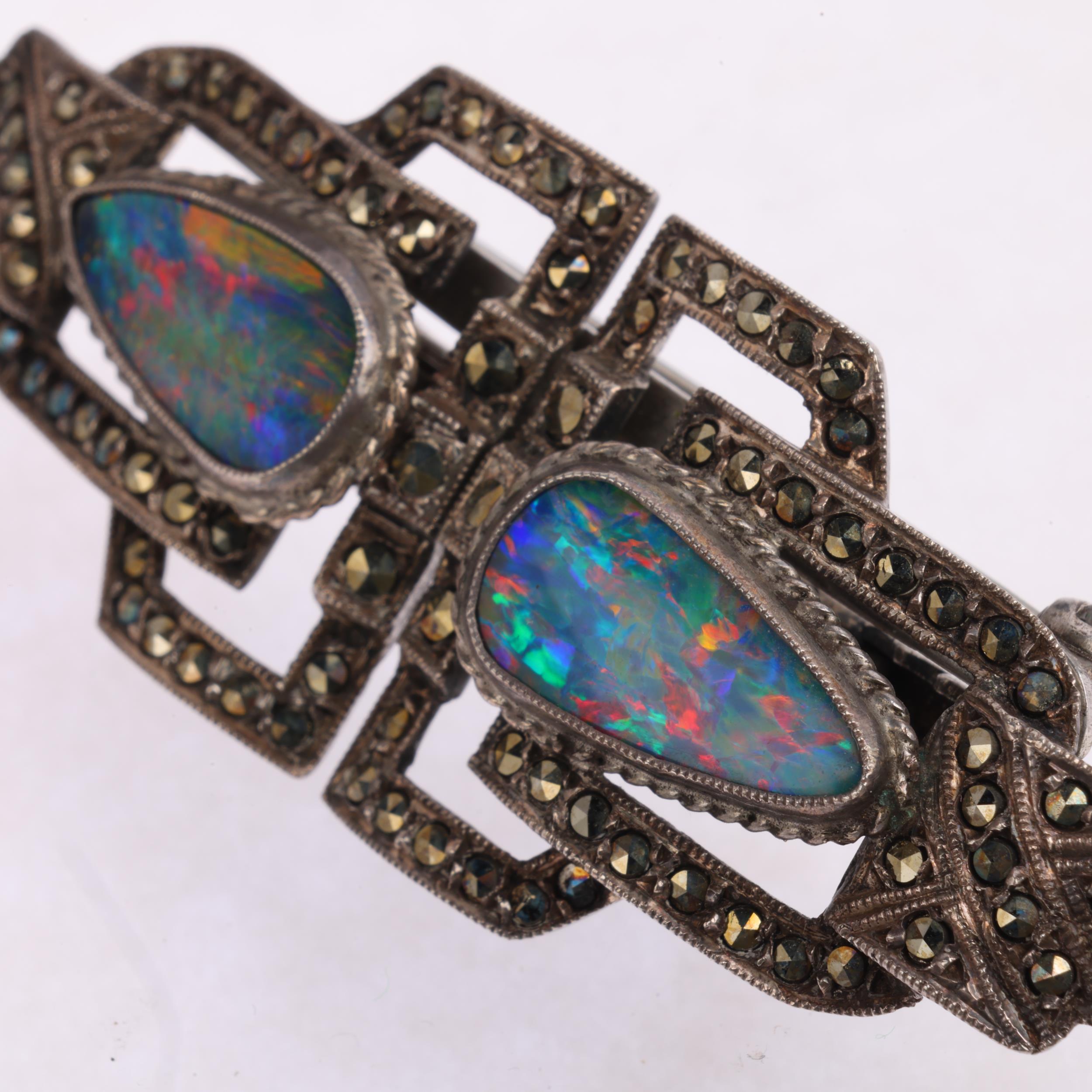 An Art Deco silver opal doublet and marcasite geometric brooch/dress clips, 60.6mm, 18.6g - Image 2 of 3