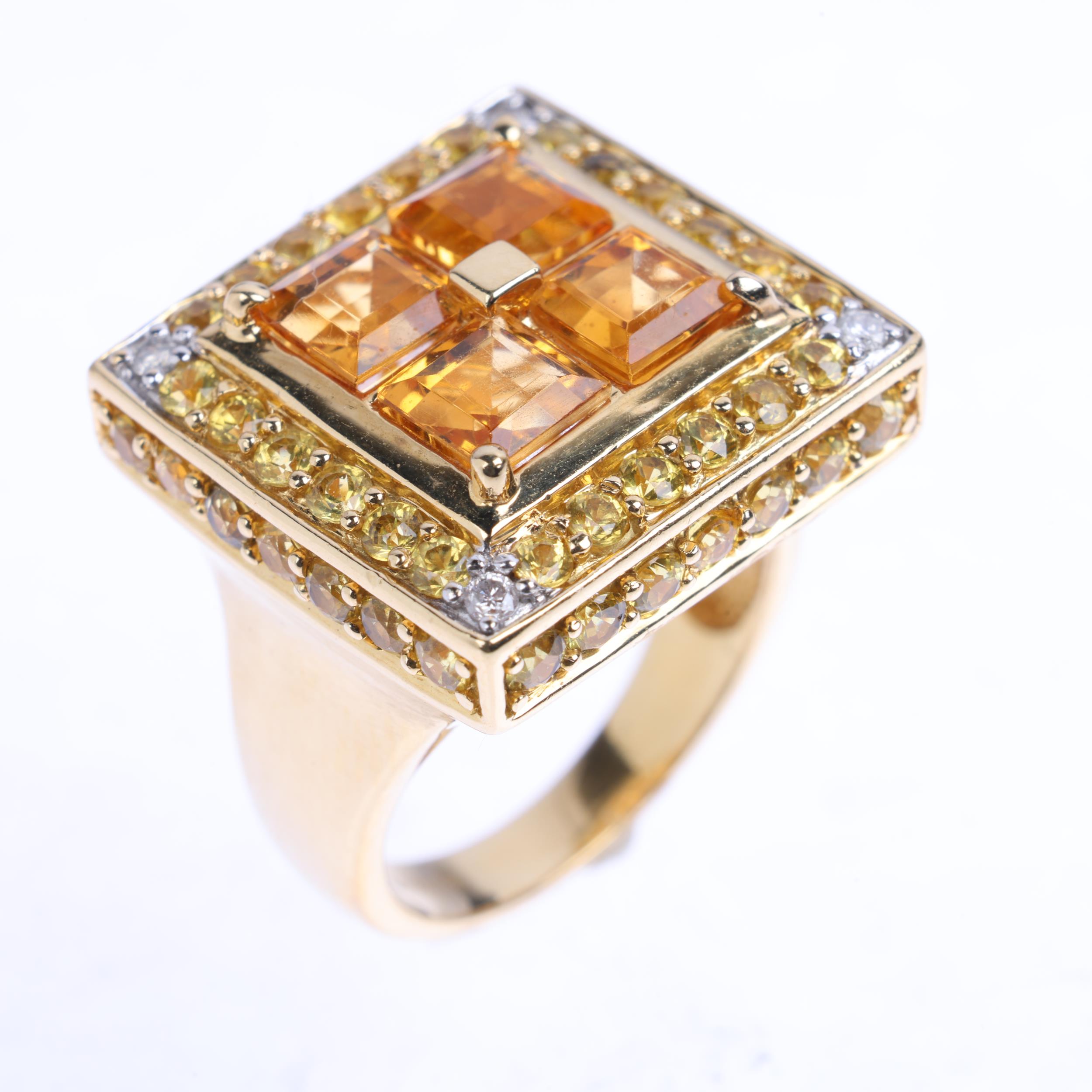 A large 18ct gold citrine yellow sapphire and diamond cluster panel ring, maker DC, London 2011, set - Image 2 of 4