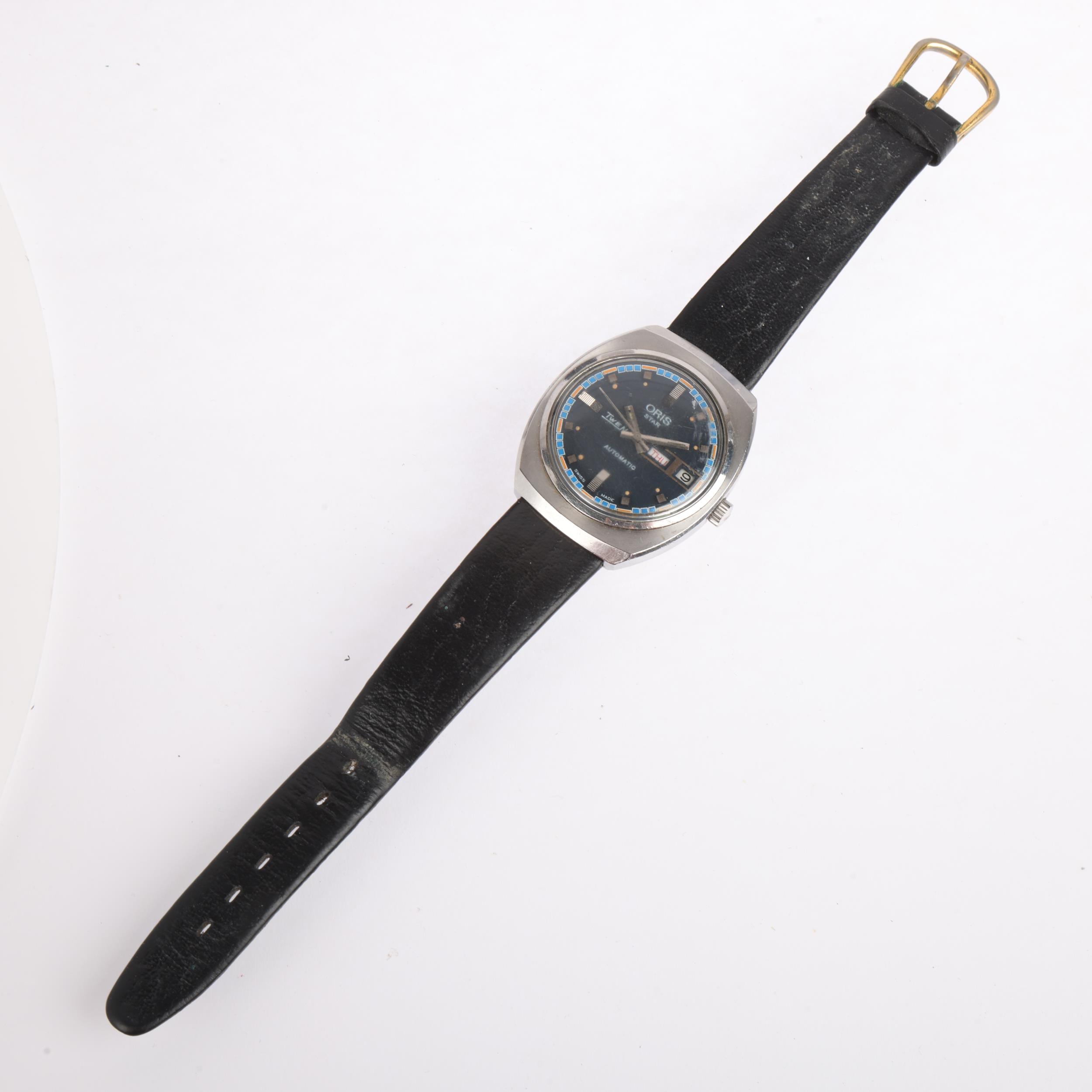 ORIS - a Vintage stainless steel Star Twen automatic calendar wristwatch, circa 1970s, blue dial - Image 2 of 5