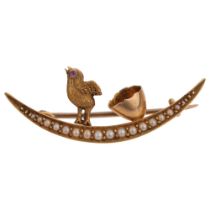 A Victorian ruby and split pearl chick and egg crescent brooch, 36.9mm, 3.1g Condition Report: No