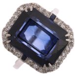 An Art Deco platinum synthetic sapphire and diamond plaque ring, set with single-cut diamonds,