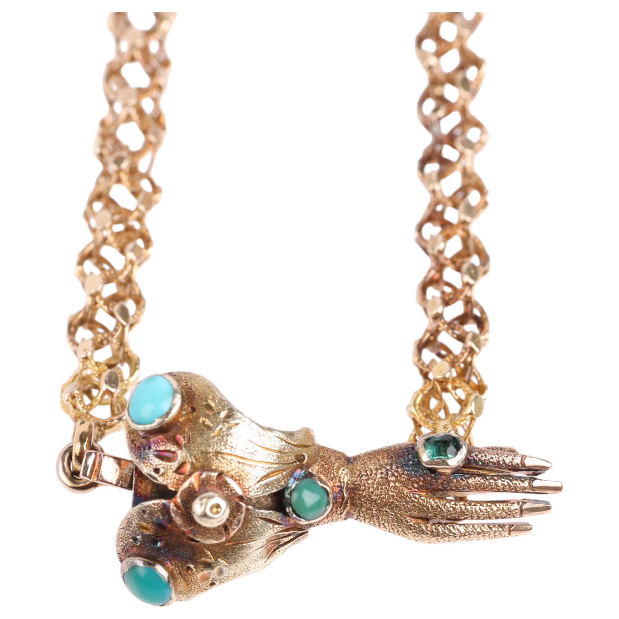 A fine Georgian Regency gem set hand fancy link long guard chain necklace, the hand set with green