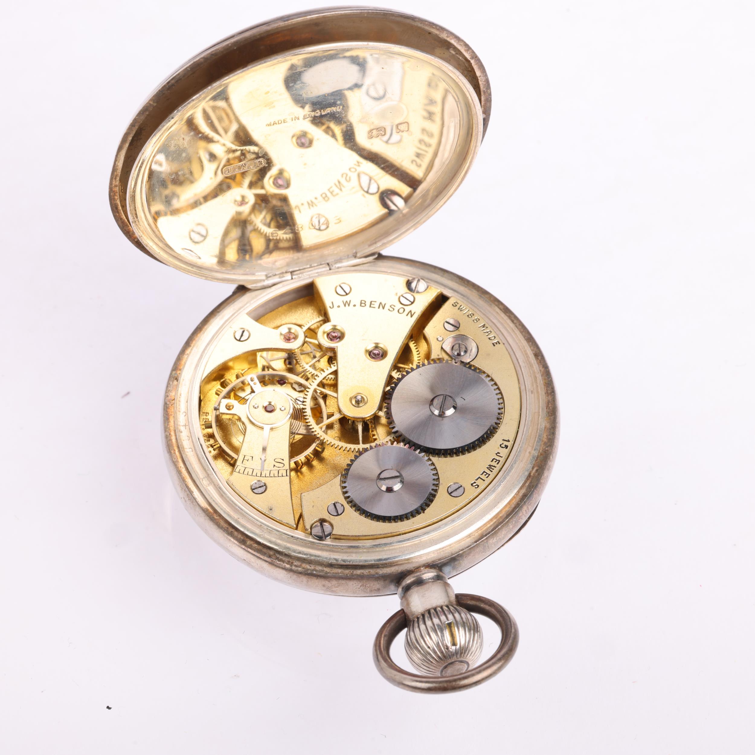 J W BENSON - an early 20th century silver open-face keyless pocket watch, white enamel dial with - Image 3 of 5