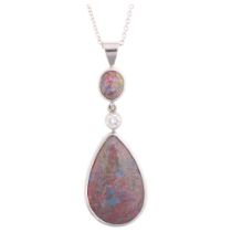 An 18ct white gold boulder opal and diamond drop pendant necklace, maker RL, London 2005, rub-over