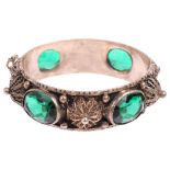 A Continental silver green paste hinged bombe bangle, band width 18.9mm, internal circumference