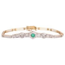 A 14ct gold emerald and diamond bracelet, indistinct maker, in the Edwardian style, total diamond