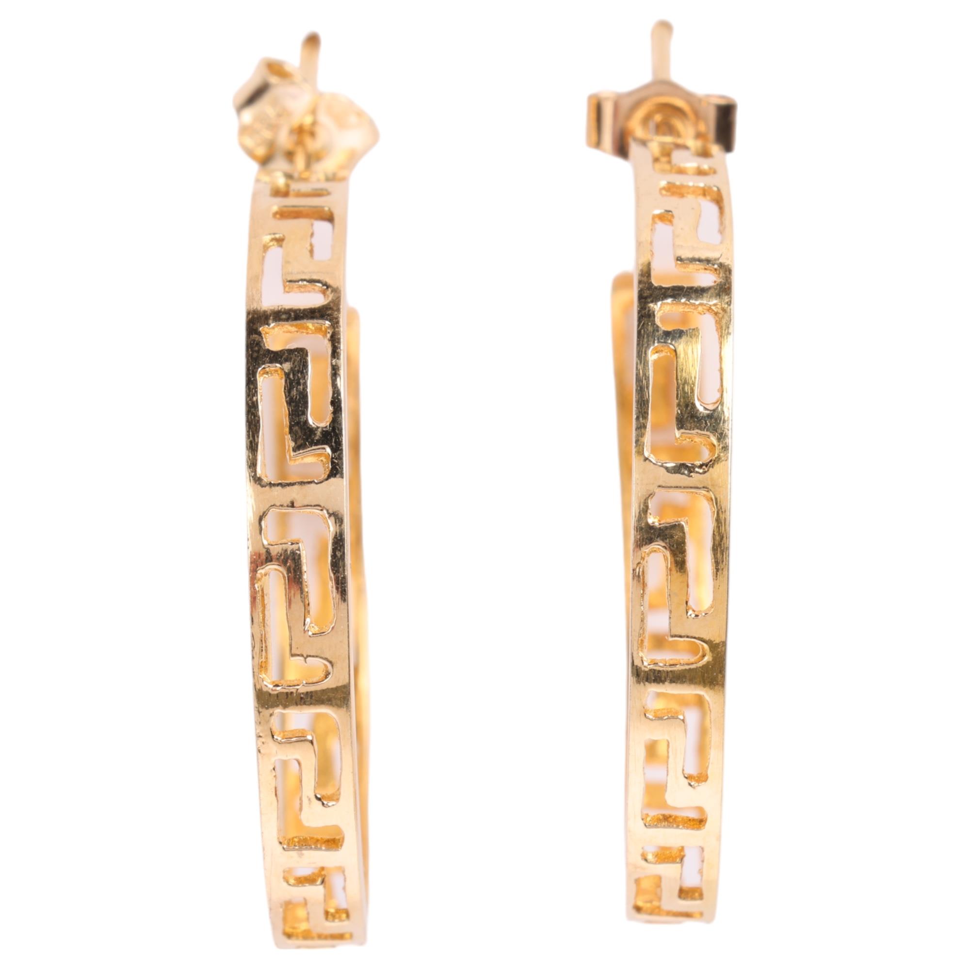 A pair of 14ct gold Greek Key hoop earrings, with stud fittings, 29.6mm, 5.1g Condition Report: No