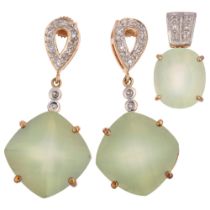 A 9ct gold chrysoprase and white sapphire pendant and earring set, pendant 21.3mm, stud earrings