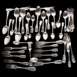 A quantity of Antique silver Fiddle pattern flatware, mostly George III, including tablespoons,
