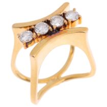 A modernist 14ct gold diamond abstract ring, unsigned, claw set with modern round brilliant-cut