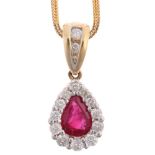 A 14ct gold ruby and diamond pear cluster pendant necklace, set with pear-cut ruby and modern