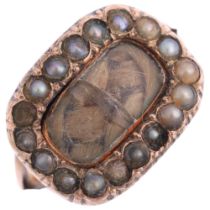 A Georgian hairwork split pearl mourning ring, circa 1820, the central woven hairwork panel