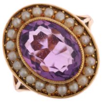 A Victorian 15ct gold amethyst and pearl oval cluster ring, rub-over set with oval mixed-cut