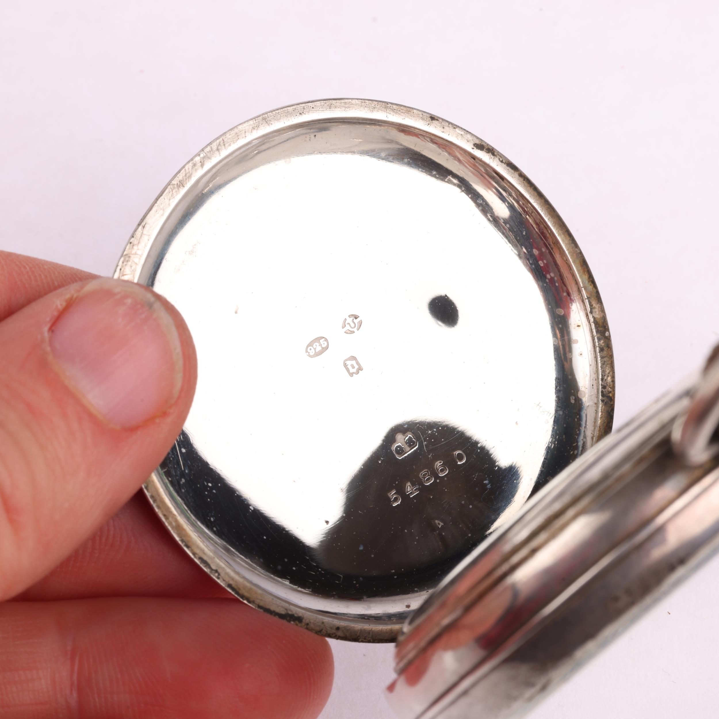 An early 20th century silver-cased open-face keyless chronograph pocket watch, white enamel dial - Image 4 of 5