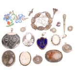 Various jewellery, including large silver and enamel floral spray brooch, miniature silver funnel,