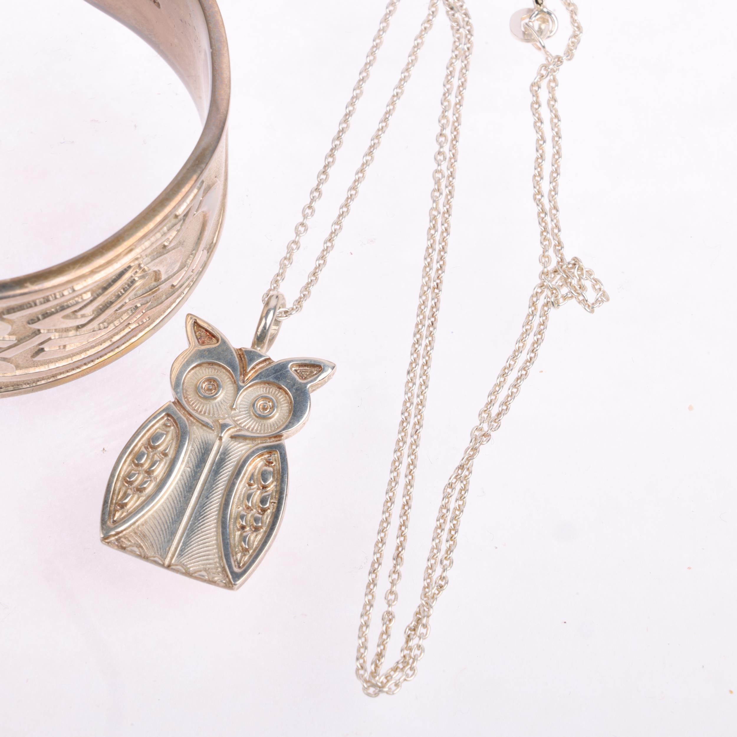 SKYE SILVER - a Scottish silver cuff bangle and owl pendant necklace, bangle 17cm, pendant 29.3mm, - Image 2 of 3