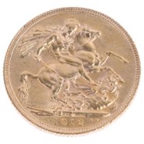 A George V 1912 gold full sovereign coin, 7.9g Condition Report: High points slightly worn